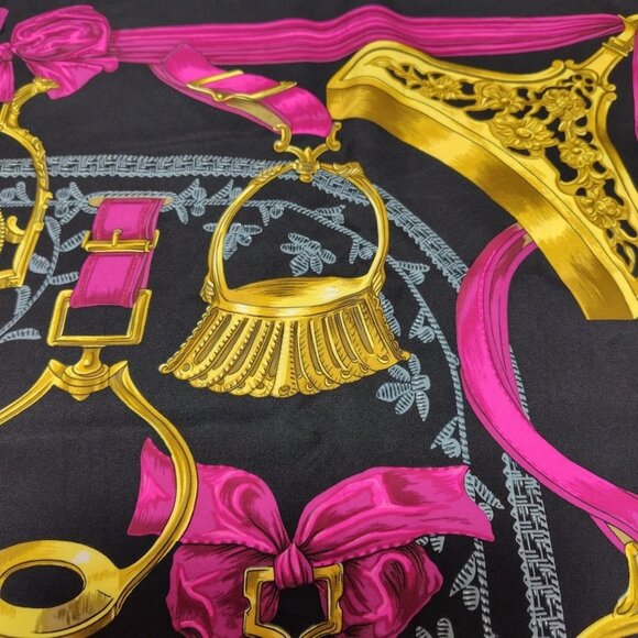 Auth HERMES Carre 90 - Black Gold Pink Silk Scarf - Picture 5 of 12